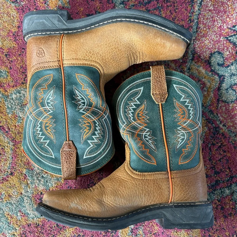 Ariat | Kids Brown Leather Orange/Green Design WorkHog XT Coil Western Boot 3.5